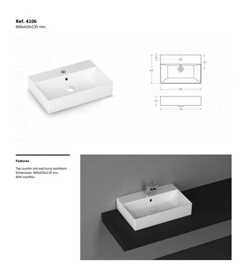 Bathco Bruselas Porcelain Basin Counter Top 600x420x135 mm.