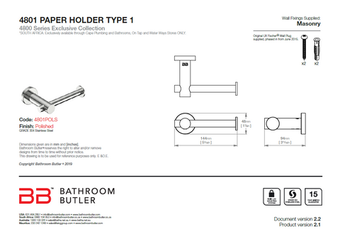 Bathroom Butler 4800 Paper Holder Type I