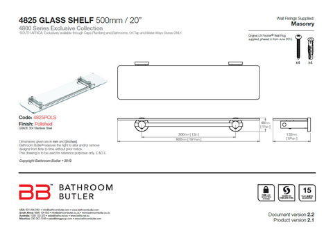 Bathroom Butler 4800 Glass Shelf 500mm