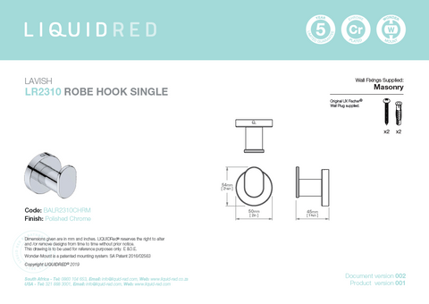 Liquid Red 2310 Lavish Robe Hook Single - Chrome