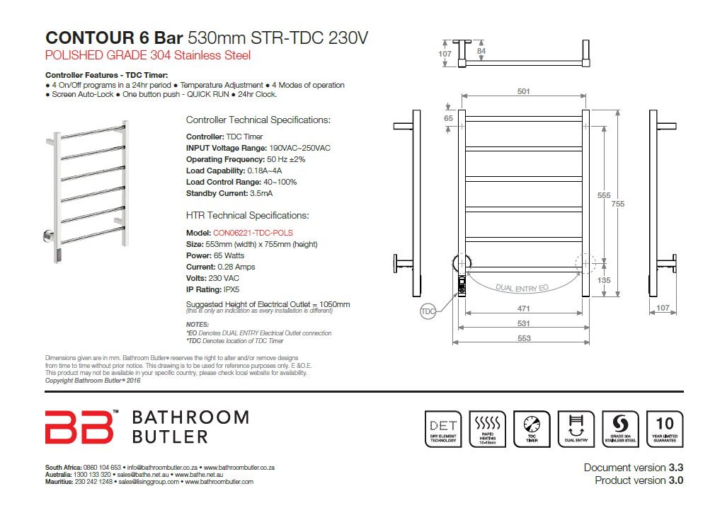 Bathroom Butler Matt Black Natural Contour 6 bar, straight 553x755mm 65w