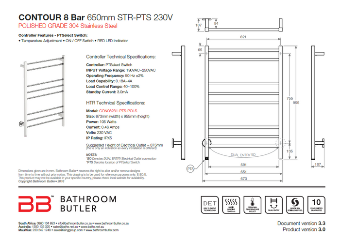 Bathroom Butler Contour 8 Bar WPS Straight PTS