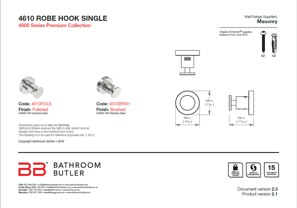 Bathroom Butler 4600 Robe Hook Single