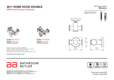 Bathroom Butler 4600 Matt Black Robe Hook Double