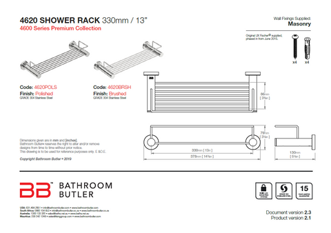 Bathroom Butler 4600 Matt Black Shower Rack 330mm