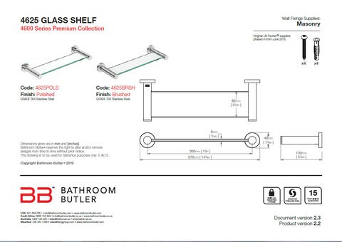 Bathroom Butler 4600 Glass Shelf 330mm