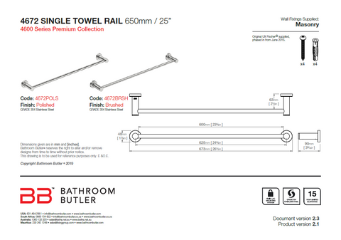 Bathroom Butler 4600 Matt Black Single Towel Rail 650mm