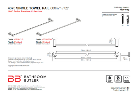 Bathroom Butler 4600 Matt Black Single Towel Rail 800mm