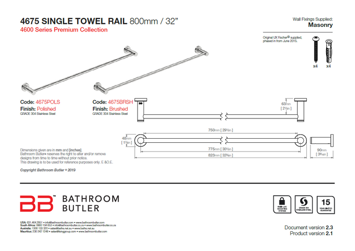 Bathroom Butler 4600 Matt Black Single Towel Rail 800mm