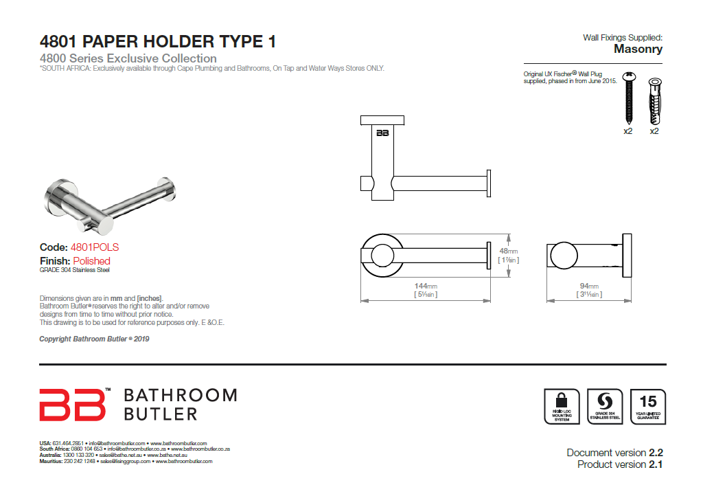 Bathroom Butler 4800 Paper Holder Type I