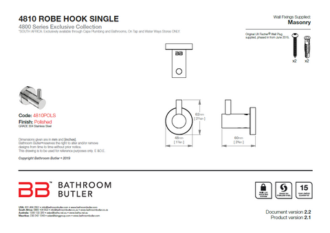 Bathroom Butler 4800 Robe Hook Single