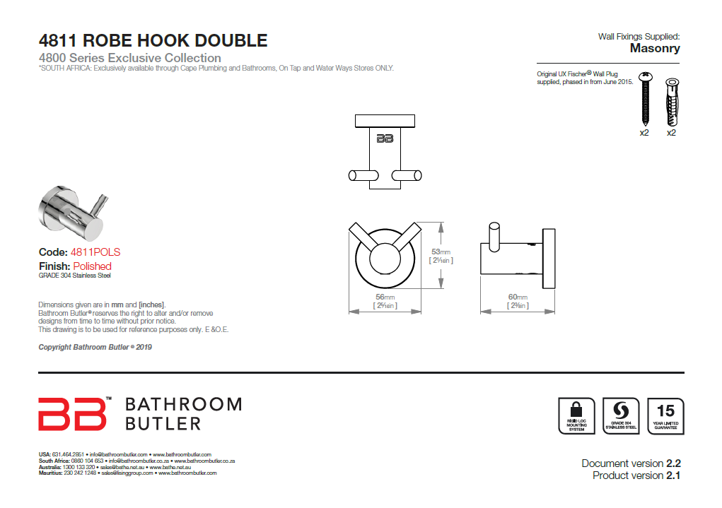Bathroom Butler 4800 Robe Hook Double