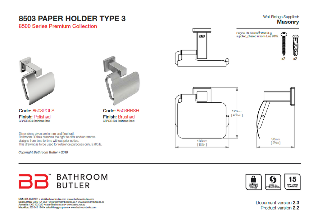 Bathroom Butler 8500 Paper Holder Type II Flap