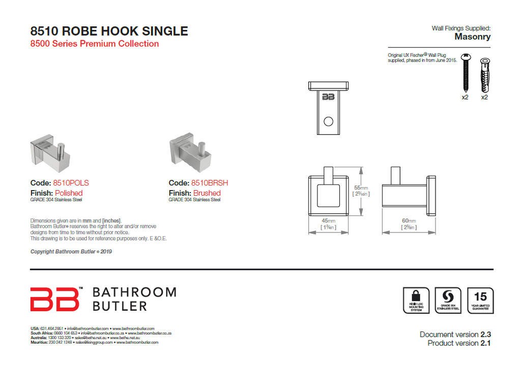 Bathroom Butler 8500 Robe Hook Single