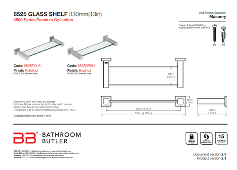 Bathroom Butler 8500 Glass Shelf 330mm