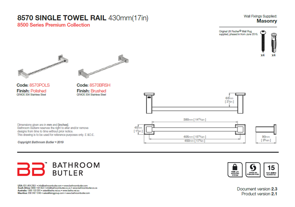 Bathroom Butler Matt Black Single Towel Rail 430mm