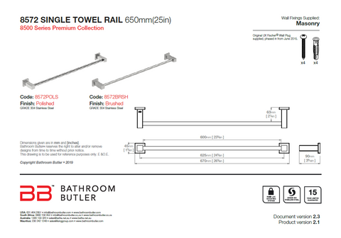 Bathroom Butler Matt Black Single Towel Rail - 650mm