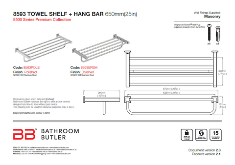 Bathroom Butler Towel Shelf and Hang Bar 650mm