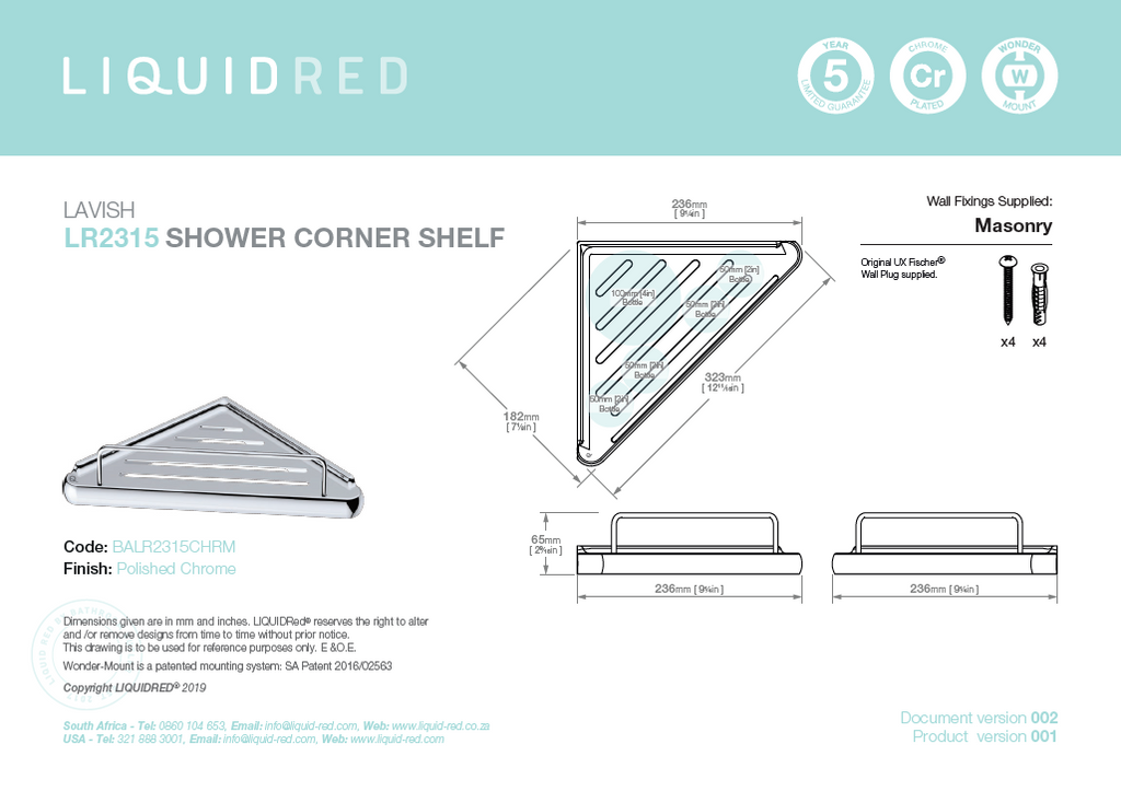 Liquid Red 2315 Lavish Shower Corner Shelf- Chrome