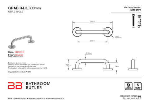 Bathroom Butler 300mm grab rail