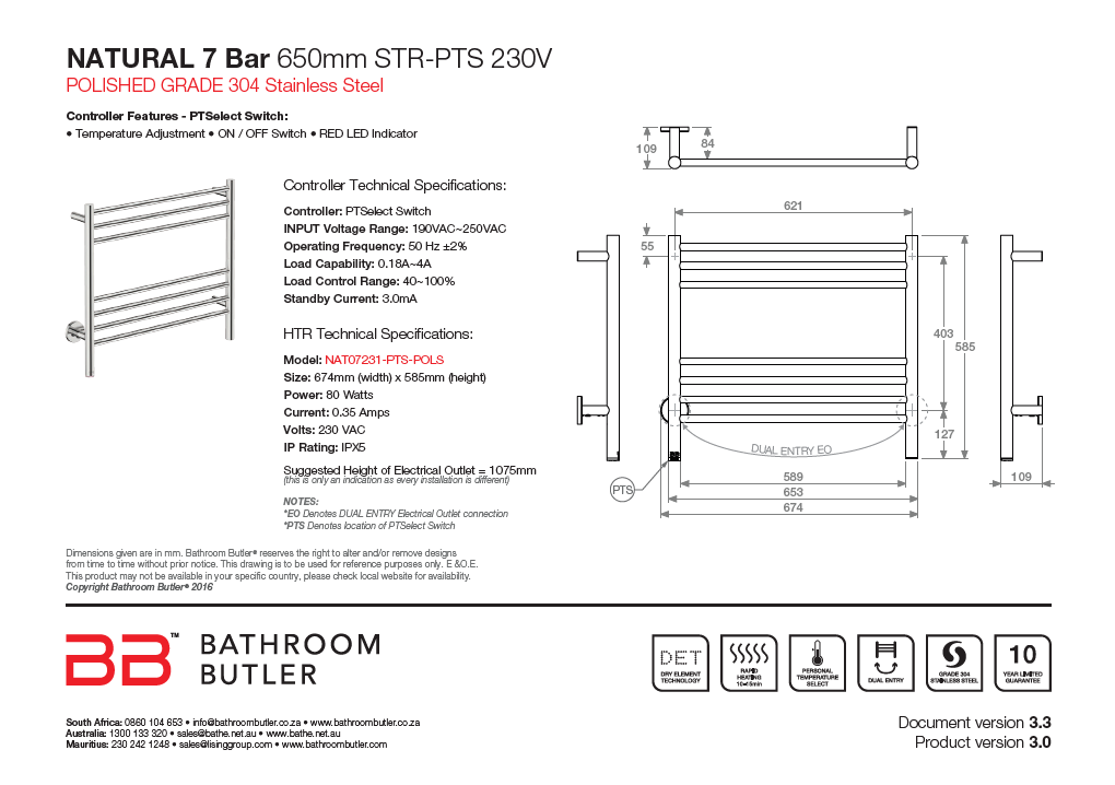 Bathroom Butler Natural 7 Bar WPS Straight PTS
