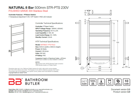 Bathroom Butler Natural 8 Bar SPS Straight PTS