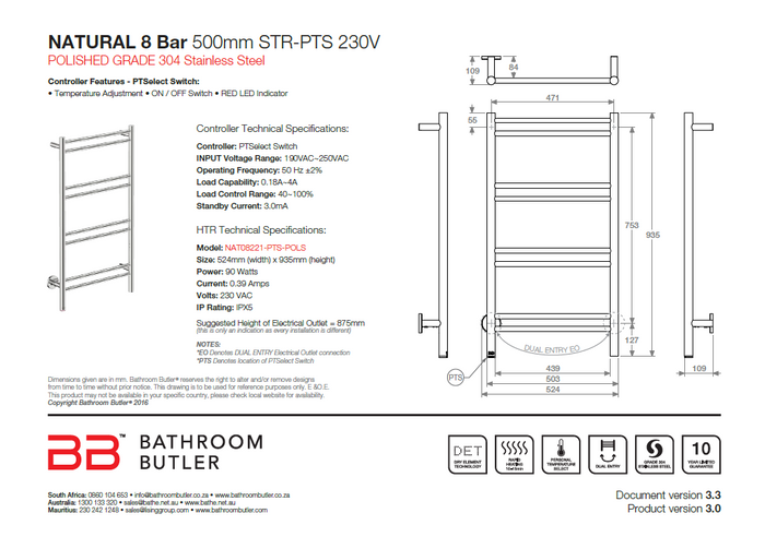 Bathroom Butler Natural 8 Bar SPS Straight PTS