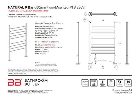 Bathroom Butler Natural FM 9 Bar WPS Floor-Mounted PTS