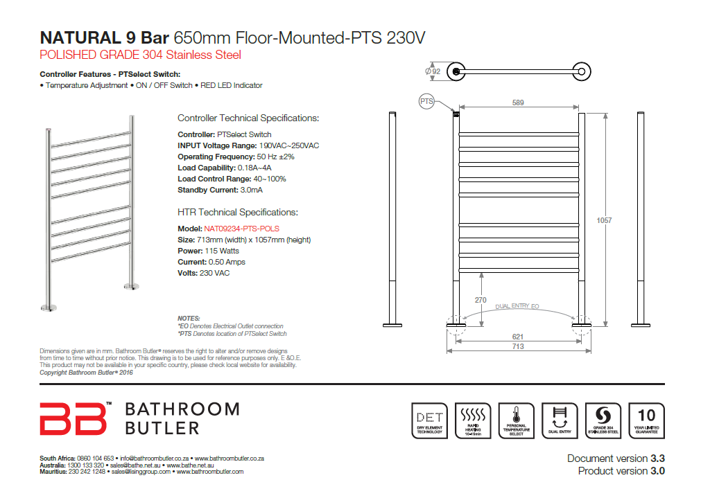 Bathroom Butler Natural FM 9 Bar WPS Floor-Mounted PTS