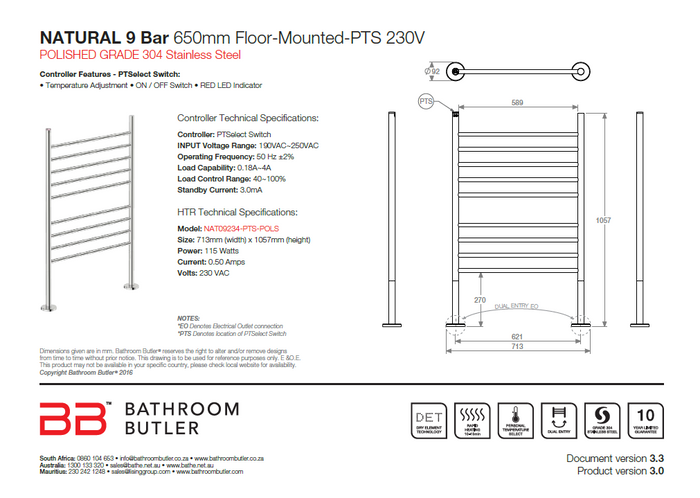 Bathroom Butler Natural FM 9 Bar WPS Floor-Mounted PTS